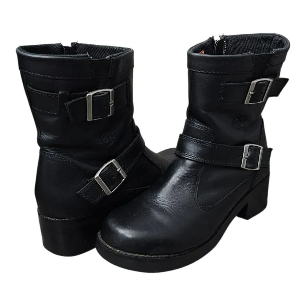 Harley Davidson Shelby Leather Buckle Zip Black Ankle Motorcycle Boots #83542